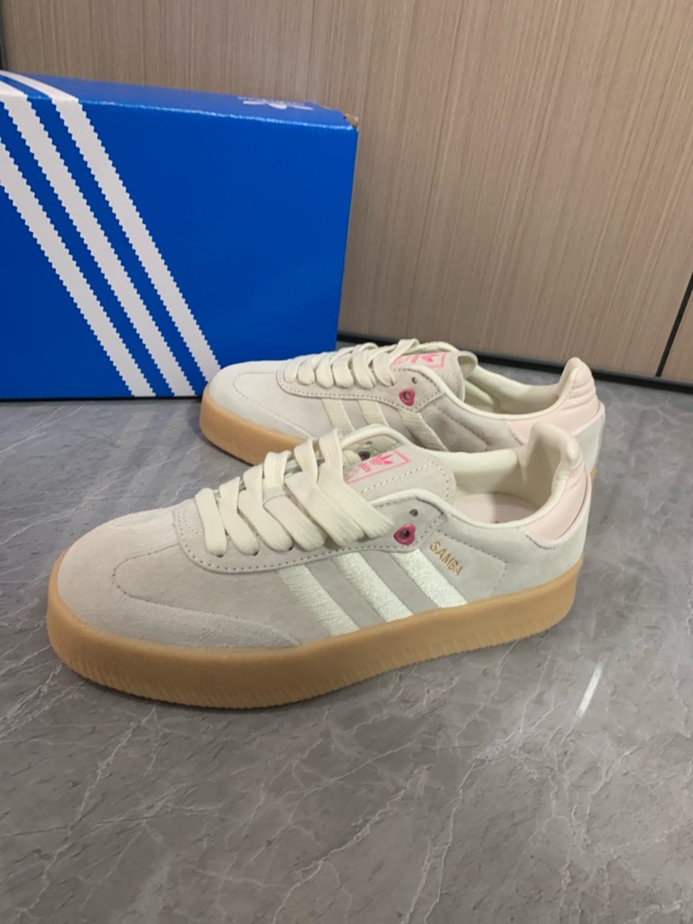 adidas Samba Cream Suede Sneakers with Pink Details and Gum Sole